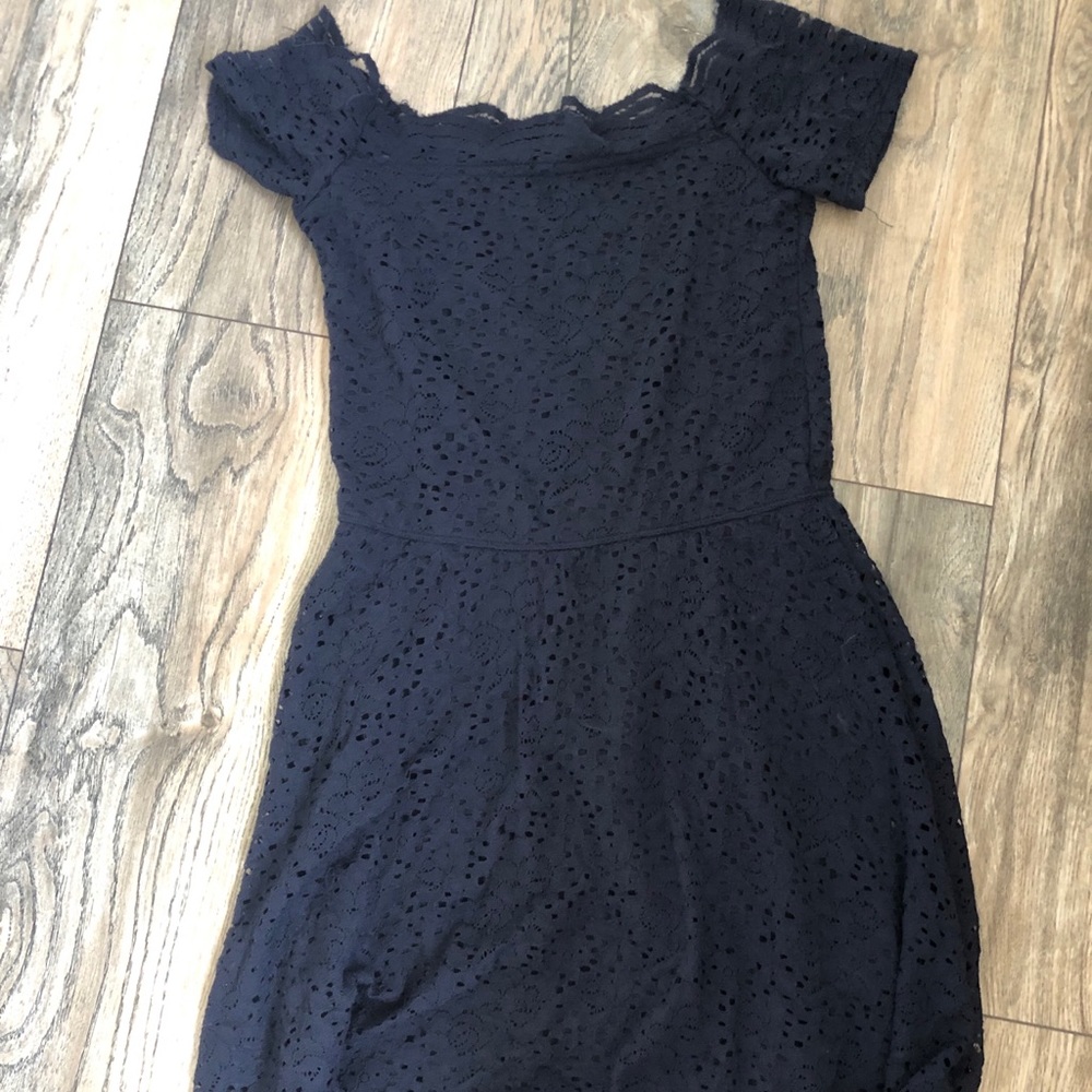 Blue lace off the shoulder mini dress